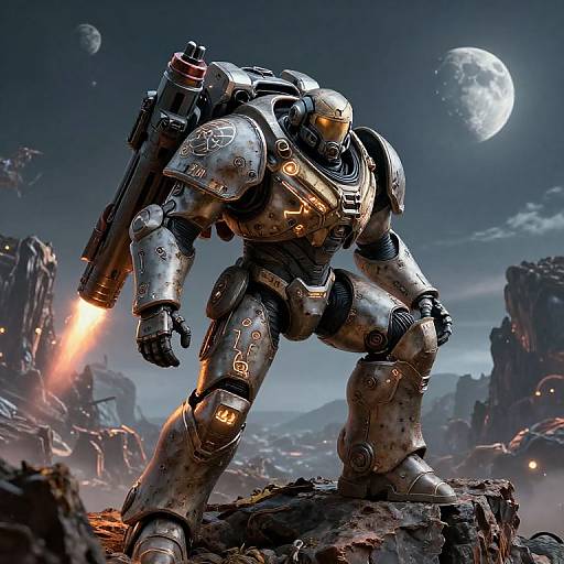 Photorealistic digital artwork of a heavily armored, futuristic soldier with a large gun, crouching on a rocky, war-torn landscape under a