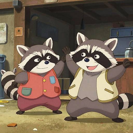 Digital drawing of two anthropomorphic raccoons dancing joyfully in a rustic garage; one wears a red vest, the other a beige jacket.