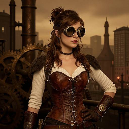 Steampunk woman with brown leather corset, white sleeves, goggles, and black choker, stands against industrial gears and cityscape background. Phot