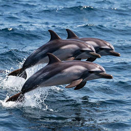 Photograph of two dolphins leaping out of blue ocean water, creating splashes. Dolphins have sleek, gray bodies with smooth, shiny skin and pointed