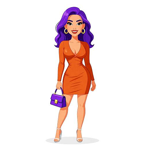 Digital illustration of a confident woman with vibrant purple hair, wearing an orange, long-sleeve, V-neck mini dress, white heels, holding a