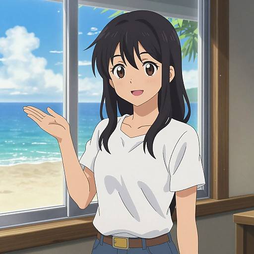 Anime-style digital drawing of a smiling young woman with long black hair, wearing a white shirt and blue jeans, waving at a beach view through a window