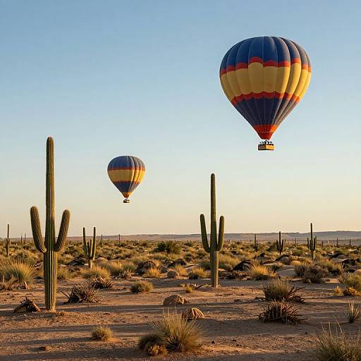 Photograph of two colorful hot air balloons over a desert landscape with tall cacti, dry grass, and a clear blue sky.