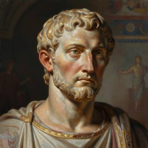 Photorealistic digital painting of a classical Roman statue depicting a bearded man with curly blonde hair, wearing a detailed toga, illuminated against a dark