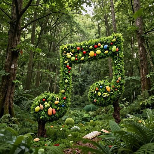 Photograph of a vibrant, green forest with a large, decorative, flower-wreath frame adorned with colorful Easter eggs, surrounded by lush ferns