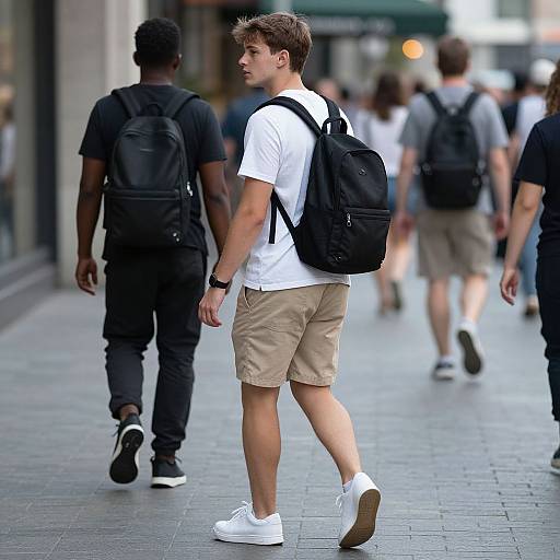 Photograph of a young white man in a white shirt, beige shorts, white sneakers, and black backpack walking on a city sidewalk, surrounded by other