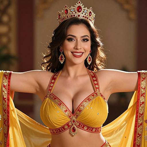 Photograph of a smiling woman with dark wavy hair, wearing a gold and red crown, yellow embroidered bra top, and matching drapes, with