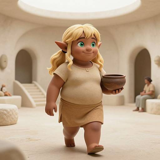 CGI image of a cute, chubby, brown-skinned elf girl with green eyes, blonde hair, wearing a beige dress and holding a bowl,