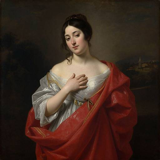 Baroque-style painting of a fair-skinned woman with dark hair, wearing a silver dress and red shawl, gently touching her chest, dark background