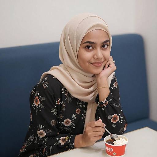 Young Woman Smiling on Blue Couch