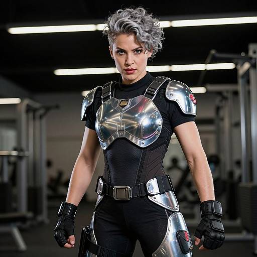 Photograph of a muscular woman with short, curly gray hair in a black bodysuit with reflective silver armor, standing in a dimly lit gym