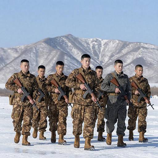 Soldiers Marching Across Frozen Landscape