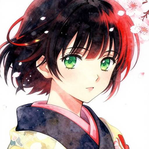 Digital anime-style portrait of a young girl with black and red hair, green eyes, and a traditional Japanese outfit, set against a white background with subtle