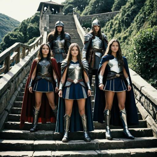 Female Warriors in Medieval Armor on Stone Stairs