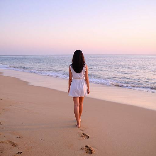 Photograph of a woman with long black hair, wearing a white sundress, walking barefoot on a sandy beach at sunset, with gentle ocean waves