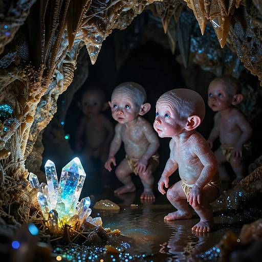 Digital artwork of four nude, bald, blue-eyed baby elves with small yellow loincloths, crouching around glowing blue crystals in a dark