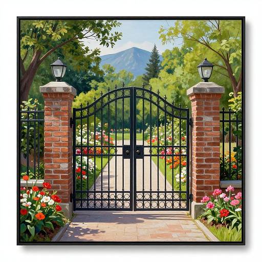 Photograph of a black wrought iron gate, flanked by red brick pillars with lanterns, set in a vibrant, flower-filled garden with a mountain