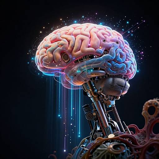 Digital CGI of a glowing, cybernetic human brain with blue and pink hues, metallic gears, and wires, set against a starry black background
