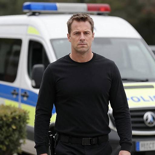 Serious Man in Front of Police Van