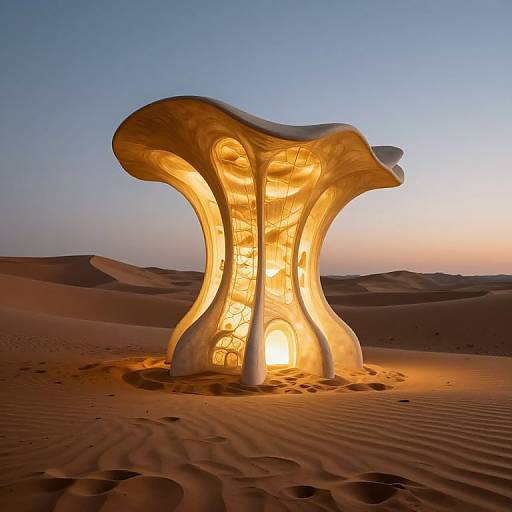 Photograph of a glowing, organic-shaped, white sculpture illuminated in a desert at sunset, casting warm light on surrounding sand dunes.