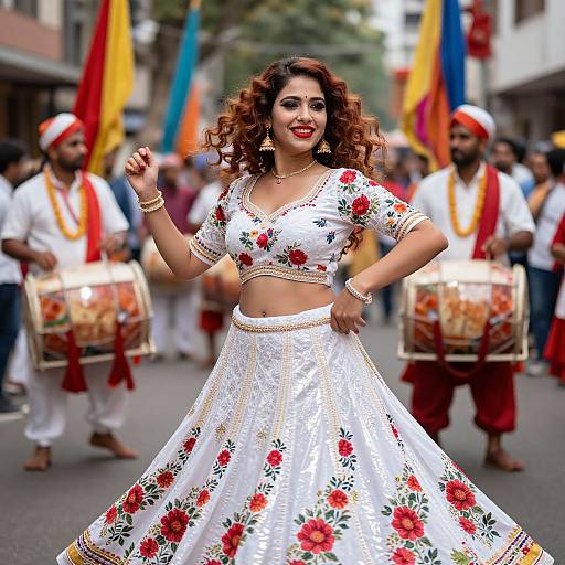 Photograph of a confident South Asian woman with curly brown hair, wearing a white floral crop top and skirt, dancing in a street parade with drummers