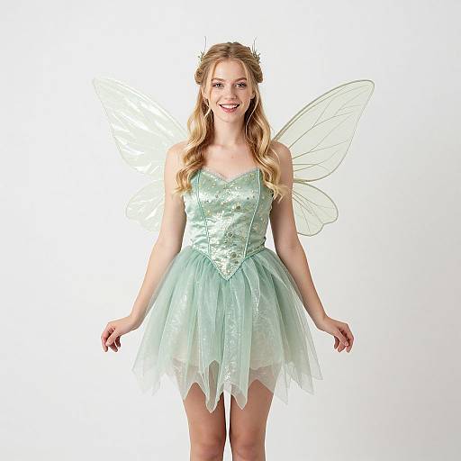 Photograph of a blonde woman in a sparkly, mint-green fairy costume with transparent wings, smiling, standing against a white background.