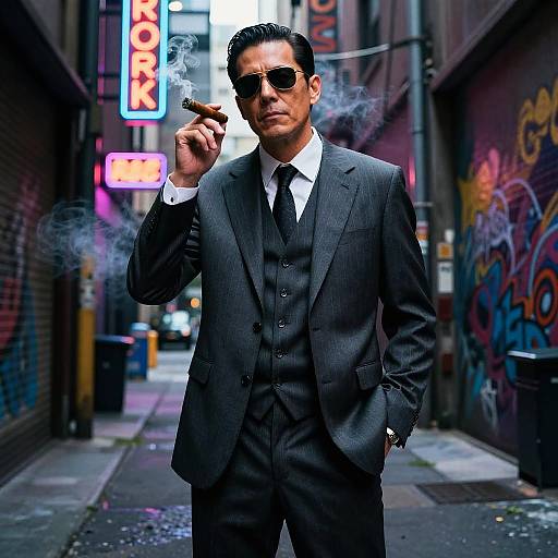 Photograph of a suave Asian man in a pinstripe suit, black tie, and sunglasses, smoking a cigar on a neon-lit,