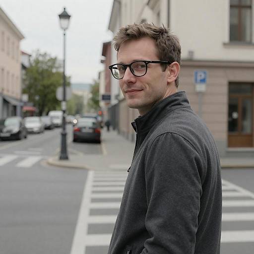 Man Glancing Over Shoulder on City Street