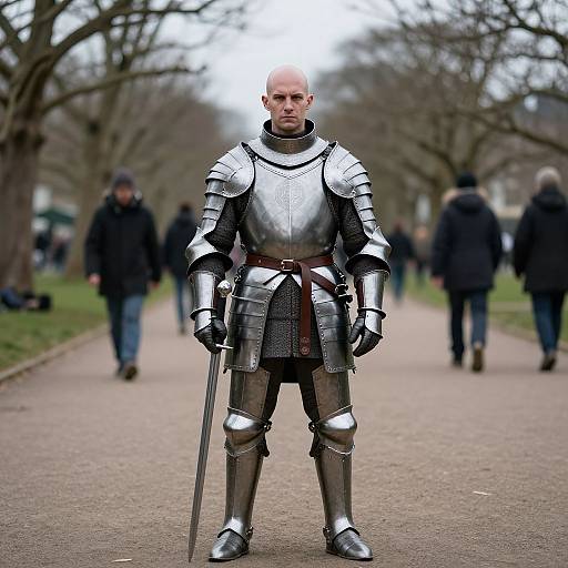 Photograph of a bald, stern-faced man in full medieval silver armor standing on a park path, holding a sword, with blurred pedestrians in the background