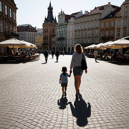 Photograph of a woman and child walking on a sunlit, cobblestone square in a European town, with historic buildings and outdoor cafes in the