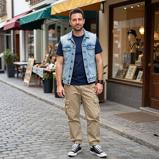 Photograph of a bearded man with short brown hair, wearing a denim vest, black shirt, beige cargo pants, and black-and-white sneakers,