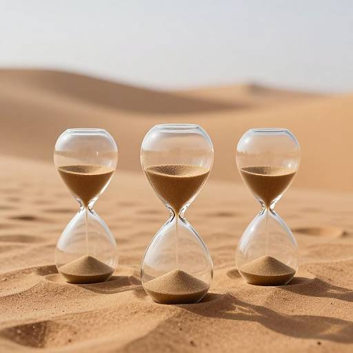 Photograph of three glass hourglasses on golden sand dunes, each with different sand levels, under bright sunlight, creating soft shadows.