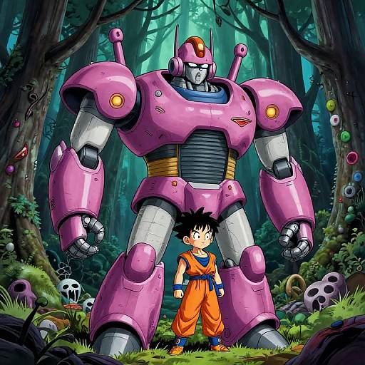 Anime-style digital artwork of a small, black-haired boy in orange martial arts attire standing before a large, pink, robotic warrior in a forest with glowing
