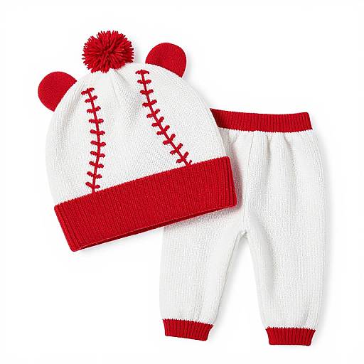 Photograph of white knit hat and matching white knit pants with red stitching, pom-pom, cuffs, and ear flaps.