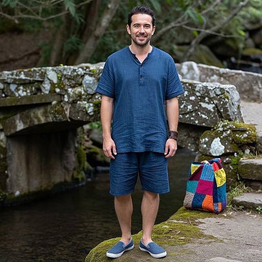 Photograph of a bearded man in a dark blue shirt and shorts, standing by a moss-covered stone bridge, with a colorful, striped bag to