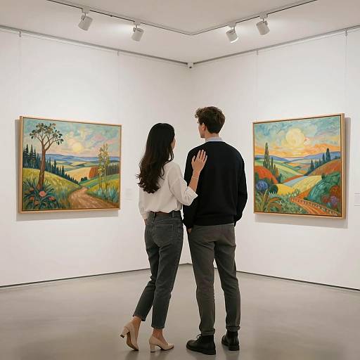 Couple Viewing Paintings in Art Gallery
