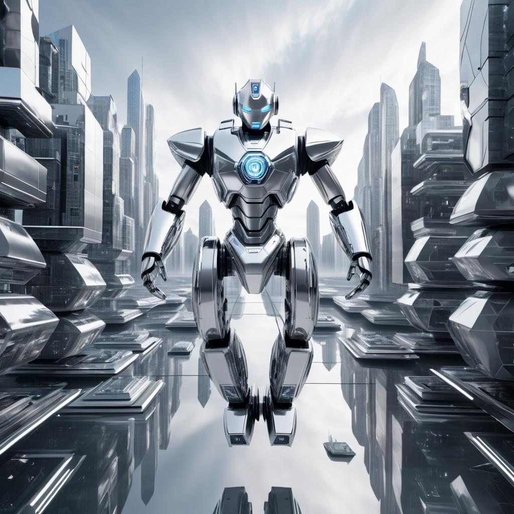 Silver Robot Floating in Futuristic City