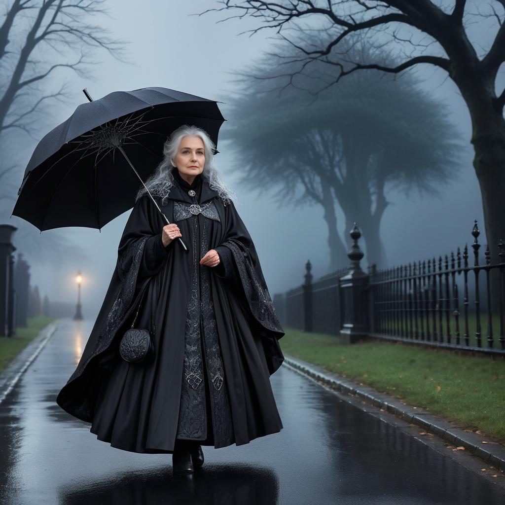 Elderly Gothic Lady in Dusk Rain