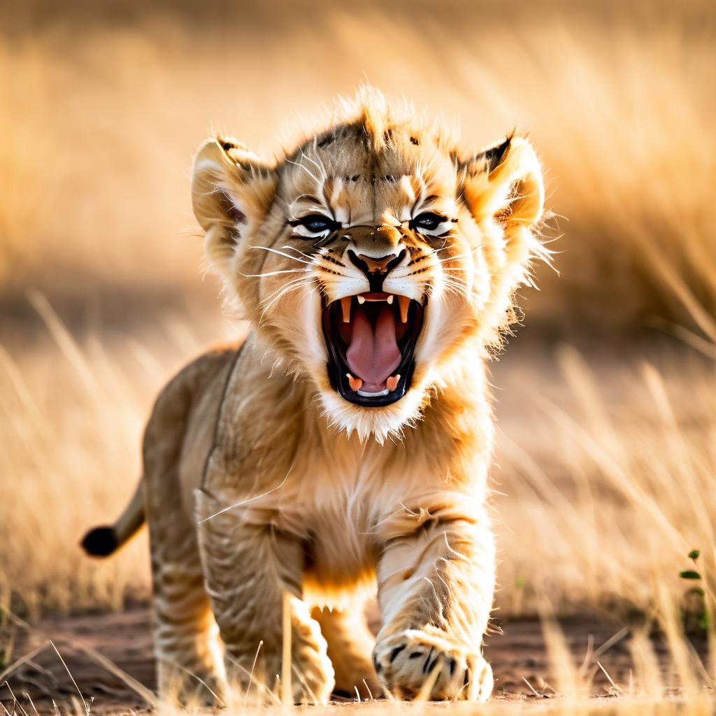 Adorable Baby Lion Cub Yawning in Savannah