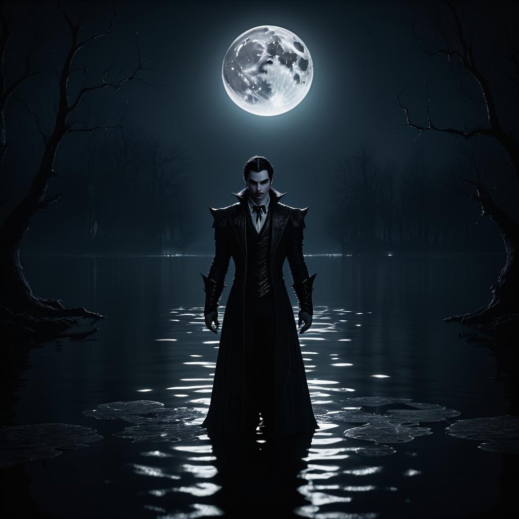 Vampire at Moonlit Lakeside Scene