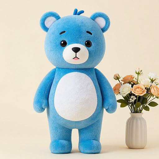 Photograph of a blue, plush teddy bear with white belly and paws, standing beside a white vase with peach and white roses.