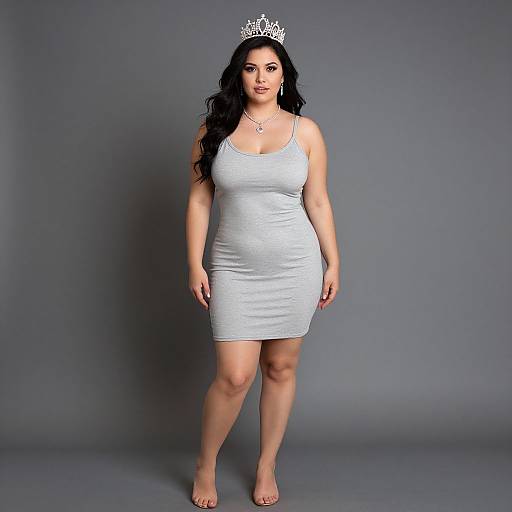 Photograph of a plus-sized woman with long black hair, wearing a white form-fitting dress, silver tiara, and barefoot, against a