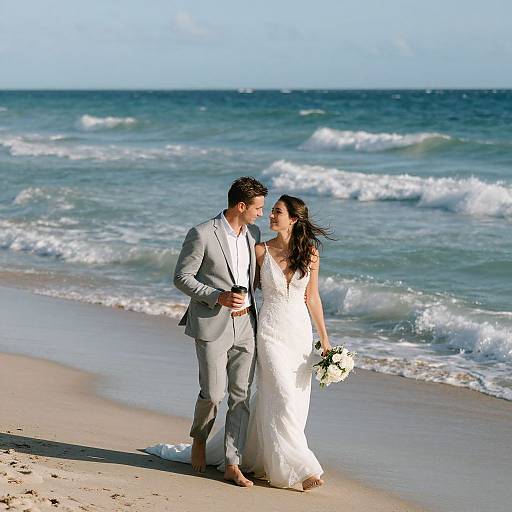 Windswept Bride and Groom on Beach