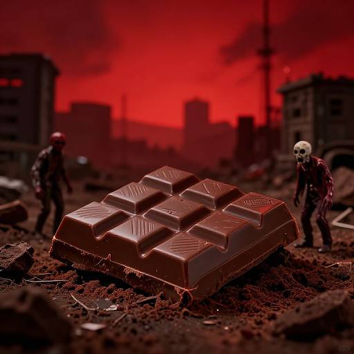 Photograph of a chocolate bar with detailed texture, centered on a debris-strewn, red-lit urban battlefield; two dark-clad figures,