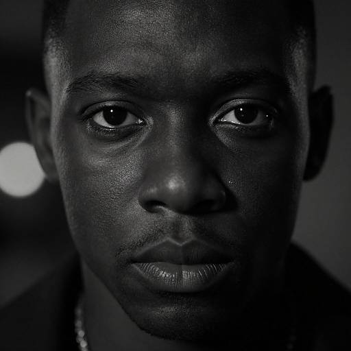 Close-up photograph of a serious, dark-skinned man with intense eyes, subtle shadows, and smooth skin, set against a dark, blurred background.