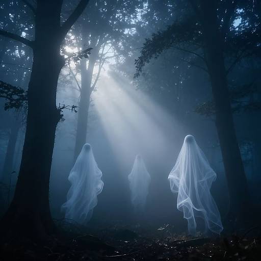 Photograph of three ethereal, glowing white ghost figures in a foggy, moonlit forest, with sunlight piercing through tall trees.