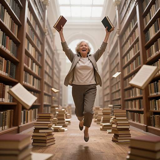 Elderly woman joyfully jumps down library aisle, arms raised, holding two books, surrounded by flying books and stacks. Photograph.