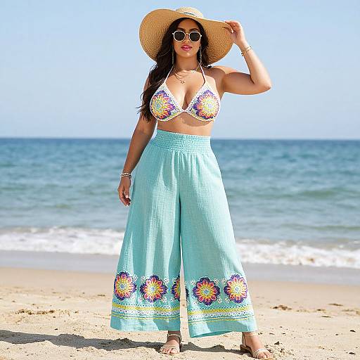 Photograph of a curvy woman with long brown hair, wearing a colorful bikini top, wide-brimmed straw hat, blue high-waisted