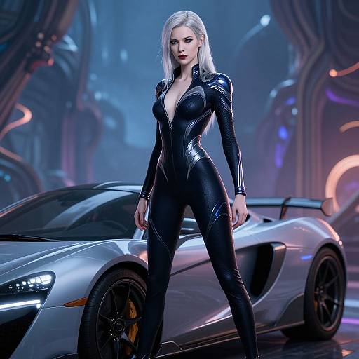 Digital art of a striking blonde woman in a tight, black leather catsuit standing confidently beside a sleek, silver sports car in a futuristic, neon-l