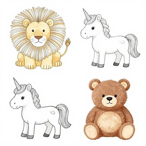 Colorful digital illustration of four cartoon animals: a smiling lion with a beige mane, a white unicorn, a brown teddy bear, and a black